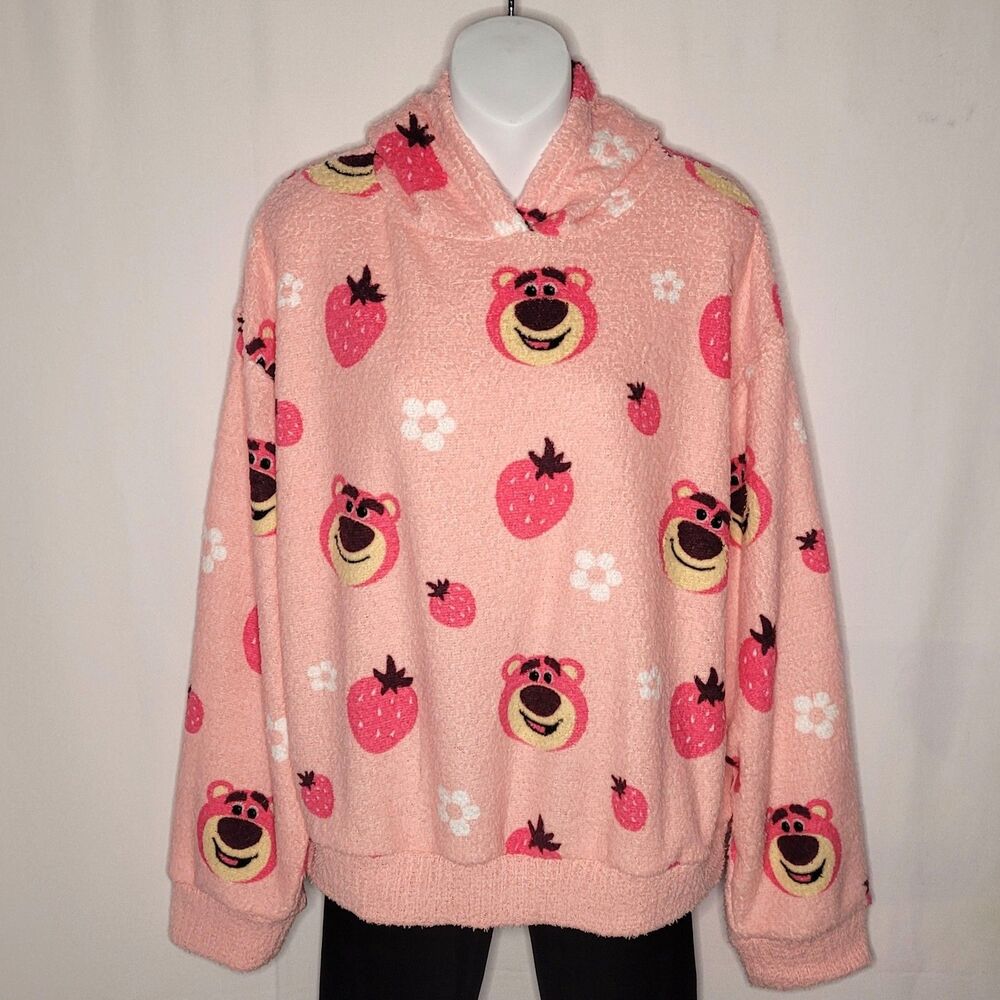 Disney Parks Lotso Sherpa Fuzzy Hoodie Pink Strawberries L NWT